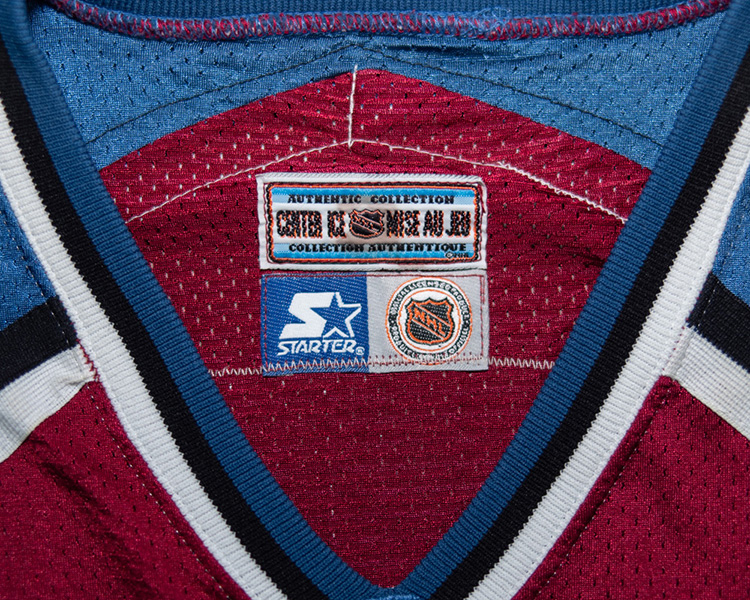 Sandis Ozolinsh Colorado Avalanche game worn jersey neck tagging Sandis Ozolinsh Colorado Avalanche game worn jersey neck tagging